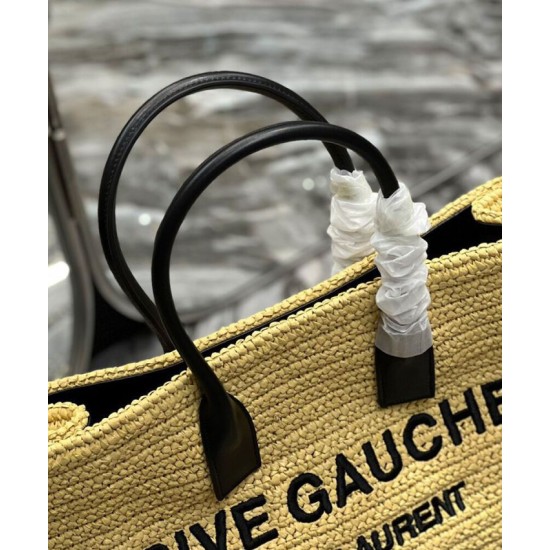 Fake YSL Saint Laurent Rive Gauche Tote Bag In Raffia And Leather Apricot Replica