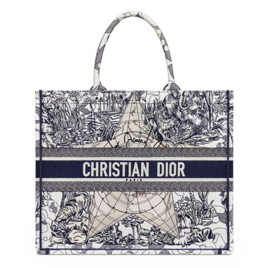 Fake Christian Dior Book Tote Multicolor Dior Around the World Embroidery Blue Replica