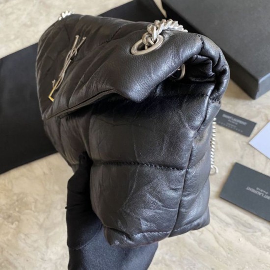 Fake YSL Saint Laurent Loulou Puffer Medium Bag Quilted Wrinkly Matte Leather Black Replica