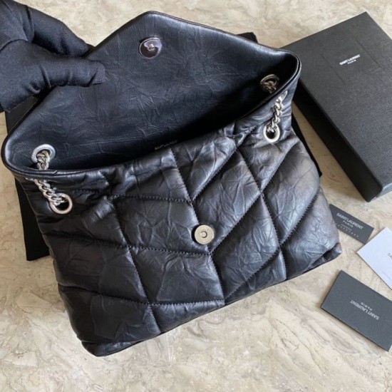 Fake YSL Saint Laurent Loulou Puffer Medium Bag Quilted Wrinkly Matte Leather Black Replica