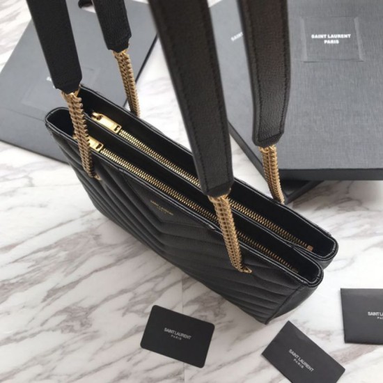 Fake YSL Saint Laurent Grain Embossed Shopping Handbag Black Replica