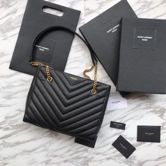 Fake YSL Saint Laurent Grain Embossed Shopping Handbag Black Replica