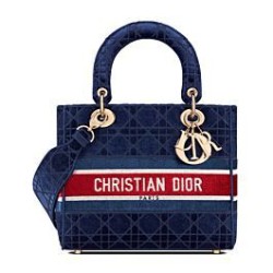Fake Christian Dior Medium Lady D-lite Bag Velvet Cannage Embroidery Dark Blue Replica