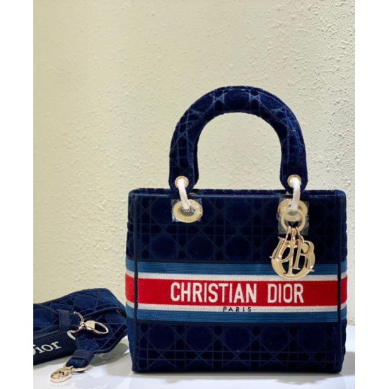 Fake Christian Dior Medium Lady D-lite Bag Velvet Cannage Embroidery Dark Blue Replica