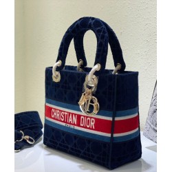 Fake Christian Dior Medium Lady D-lite Bag Velvet Cannage Embroidery Dark Blue Replica