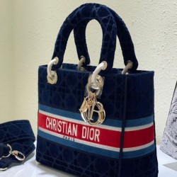 Replica Christian Dior Medium Lady D-lite Bag Velvet Cannage Embroidery Dark Blue Fake Christian Dior Medium Lady D-lite Bag Velvet Cannage Embroidery Dark Blue Replica