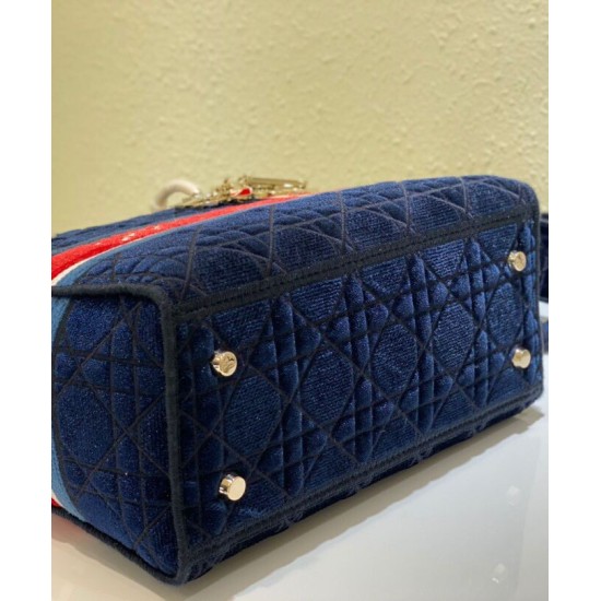 Fake Christian Dior Medium Lady D-lite Bag Velvet Cannage Embroidery Dark Blue Replica