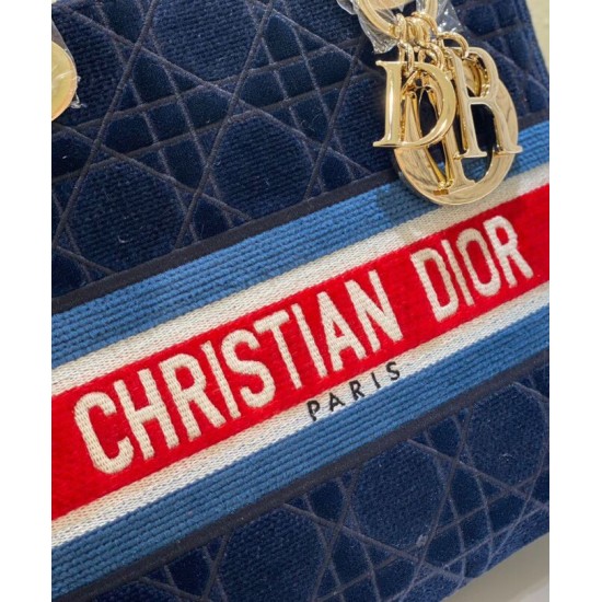 Fake Christian Dior Medium Lady D-lite Bag Velvet Cannage Embroidery Dark Blue Replica