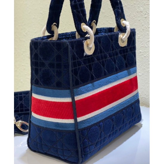 Fake Christian Dior Medium Lady D-lite Bag Velvet Cannage Embroidery Dark Blue Replica