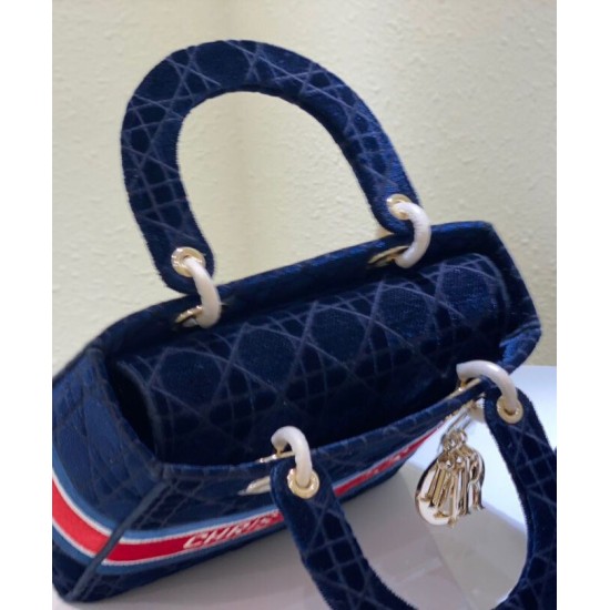 Fake Christian Dior Medium Lady D-lite Bag Velvet Cannage Embroidery Dark Blue Replica