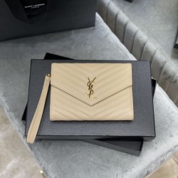 Fake YSL Saint Laurent Monogram Clutch Quilted Grain Dark Beige Replica