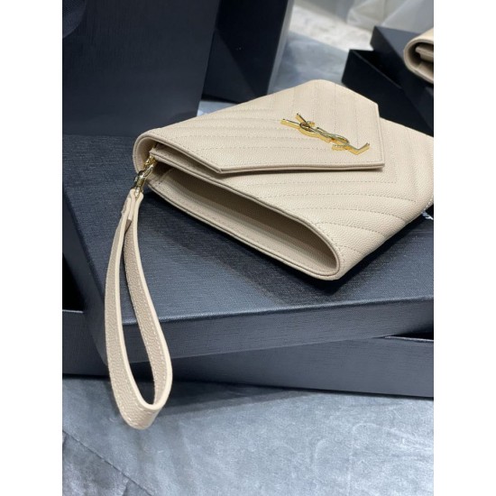 Fake YSL Saint Laurent Monogram Clutch Quilted Grain Dark Beige Replica