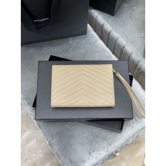 Fake YSL Saint Laurent Monogram Clutch Quilted Grain Dark Beige Replica