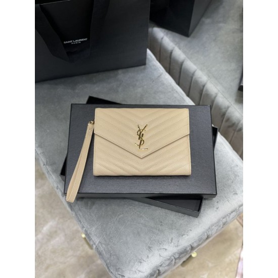 Fake YSL Saint Laurent Monogram Clutch Quilted Grain Dark Beige Replica