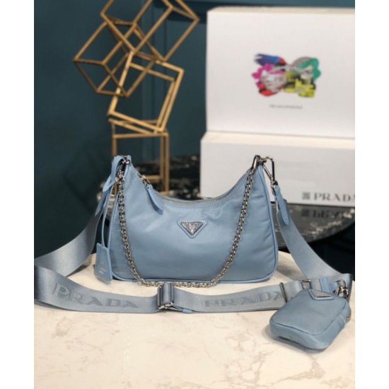 Fake Prada Re-Edition 2005 nylon shoulder bag Light Blue Replica