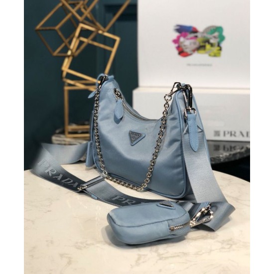 Fake Prada Re-Edition 2005 nylon shoulder bag Light Blue Replica