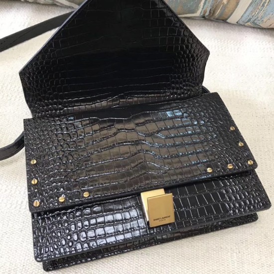 Fake YSL Saint Laurent Margaux Satchel Crocodile Embossed Black Replica