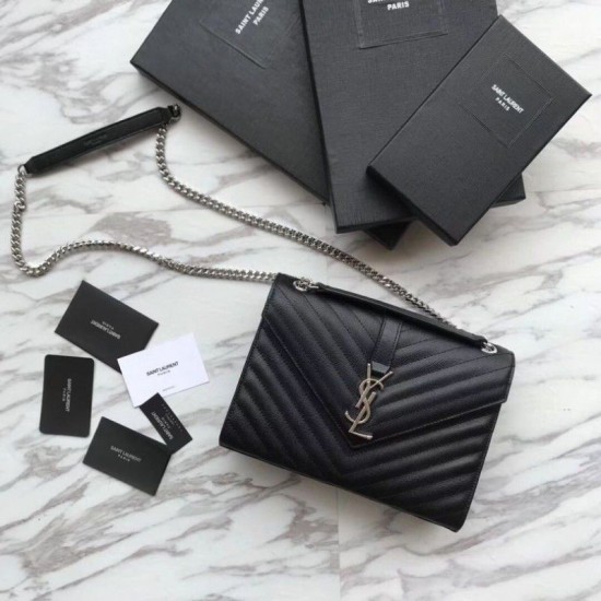 Fake YSL Saint Laurent Envelope Small Bag Grain Embossed Silver Hardware Replica