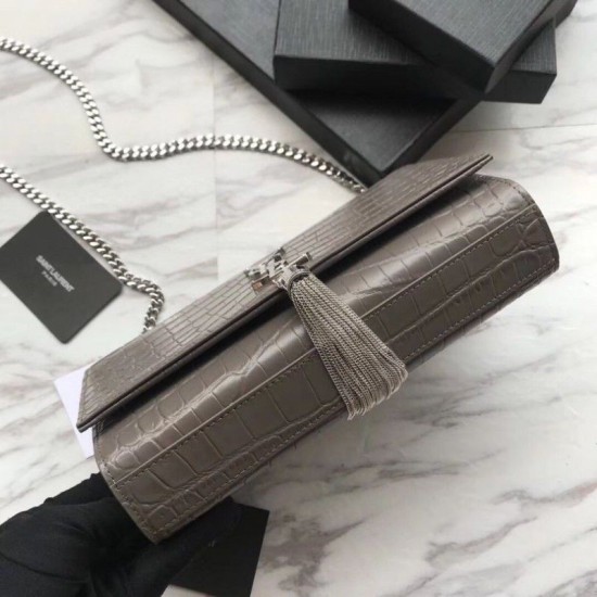 Replica Saint Laurent Medium Kate Monogram Crocodile Leather Shoulder Bag Gray