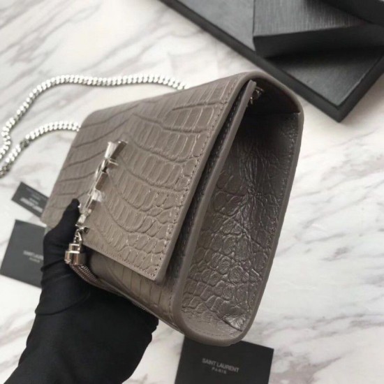 Replica Saint Laurent Medium Kate Monogram Crocodile Leather Shoulder Bag Gray