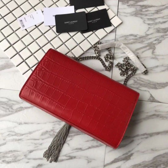 Fake Saint Laurent Medium Kate Monogram Crocodile Leather Shoulder Bag Red Replica
