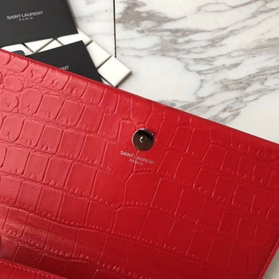 Fake Saint Laurent Medium Kate Monogram Crocodile Leather Shoulder Bag Red Replica
