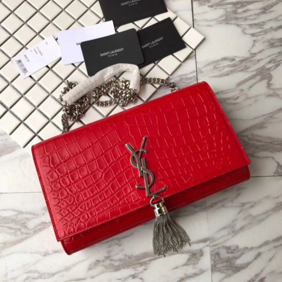 Fake Saint Laurent Medium Kate Monogram Crocodile Leather Shoulder Bag Red Replica