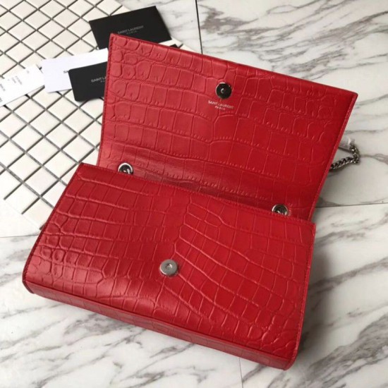 Fake Saint Laurent Medium Kate Monogram Crocodile Leather Shoulder Bag Red Replica