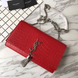 Fake Saint Laurent Medium Kate Monogram Crocodile Leather Shoulder Bag Red Replica