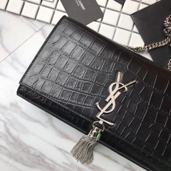 Fake Saint Laurent Medium Kate Monogram Crocodile Leather Shoulder Bag Black Replica