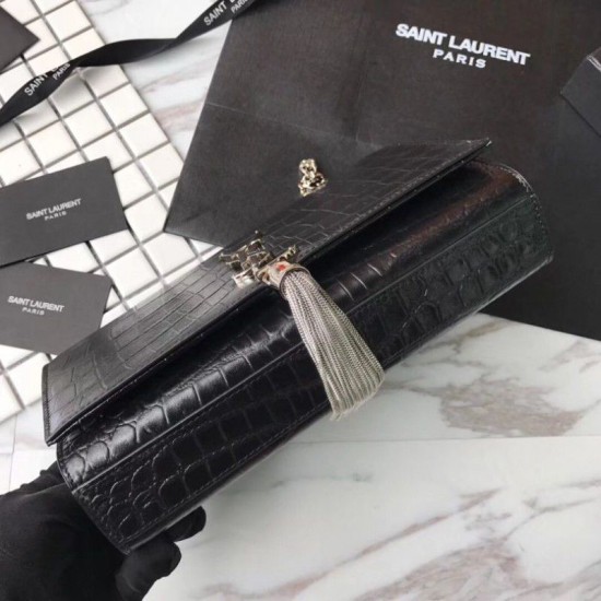 Fake Saint Laurent Medium Kate Monogram Crocodile Leather Shoulder Bag Black Replica