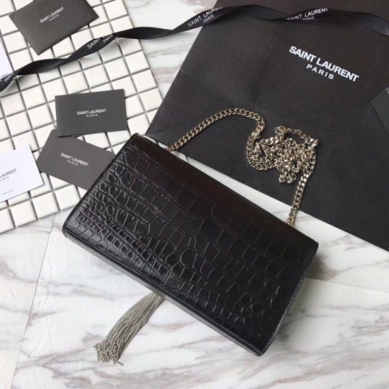 Fake Saint Laurent Medium Kate Monogram Crocodile Leather Shoulder Bag Black Replica