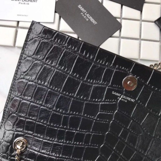 Fake Saint Laurent Medium Kate Monogram Crocodile Leather Shoulder Bag Black Replica