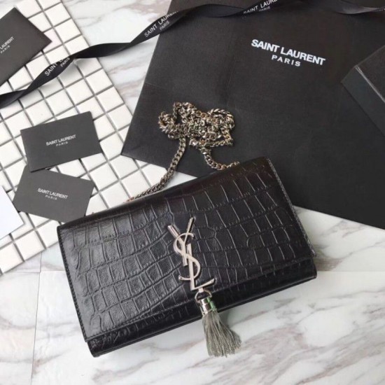 Fake Saint Laurent Medium Kate Monogram Crocodile Leather Shoulder Bag Black Replica