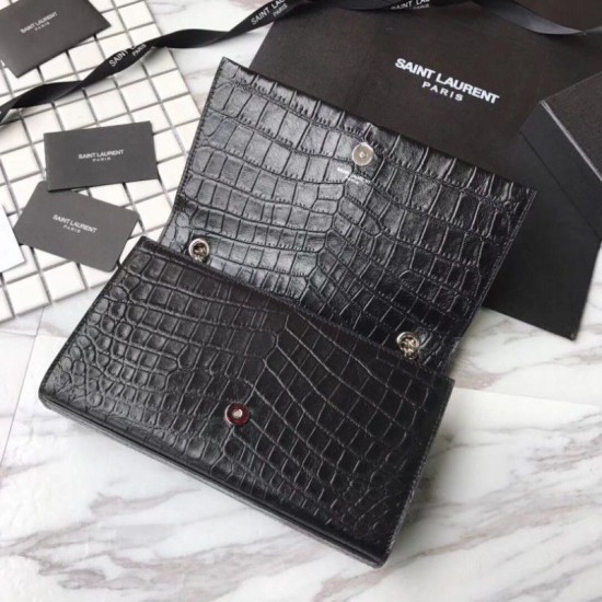 Fake Saint Laurent Medium Kate Monogram Crocodile Leather Shoulder Bag Black Replica