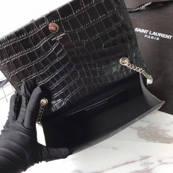 Fake Saint Laurent Medium Kate Monogram Crocodile Leather Shoulder Bag Black Replica