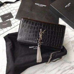 Fake Saint Laurent Medium Kate Monogram Crocodile Leather Shoulder Bag Black Replica