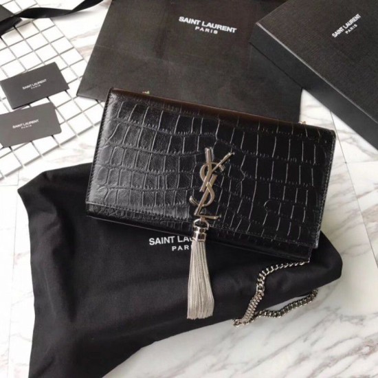 Fake Saint Laurent Medium Kate Monogram Crocodile Leather Shoulder Bag Black Replica