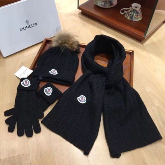 Replica Moncler scarf hat and gloves three piece Black