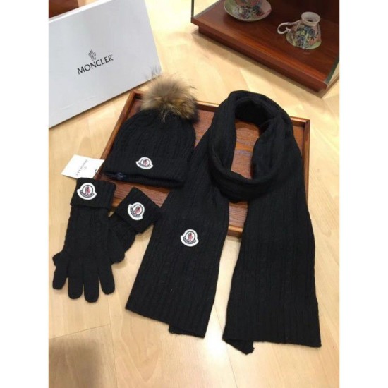 Replica Moncler scarf hat and gloves three piece Black