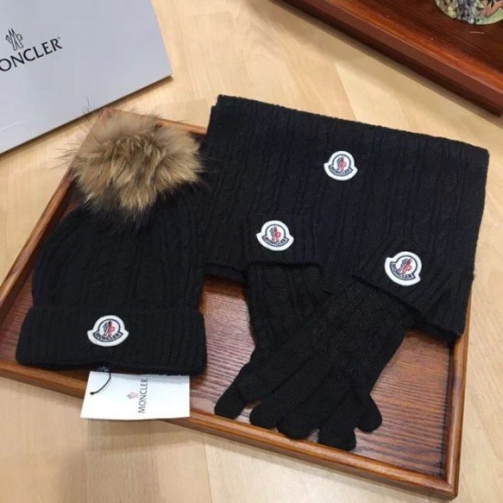Replica Moncler scarf hat and gloves three piece Black