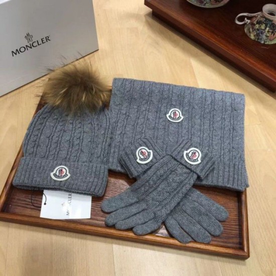 Replica Moncler scarf hat and gloves three piece Grey
