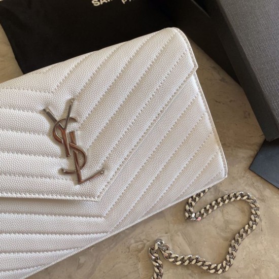Replica YSL Saint Laurent Monogram Envelope Chain Wallet Grained Leather White