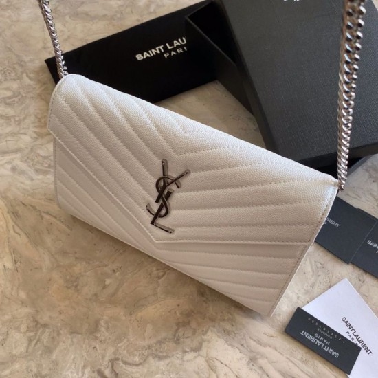 Replica YSL Saint Laurent Monogram Envelope Chain Wallet Grained Leather White