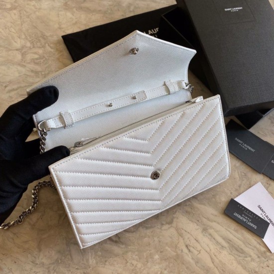 Replica YSL Saint Laurent Monogram Envelope Chain Wallet Grained Leather White