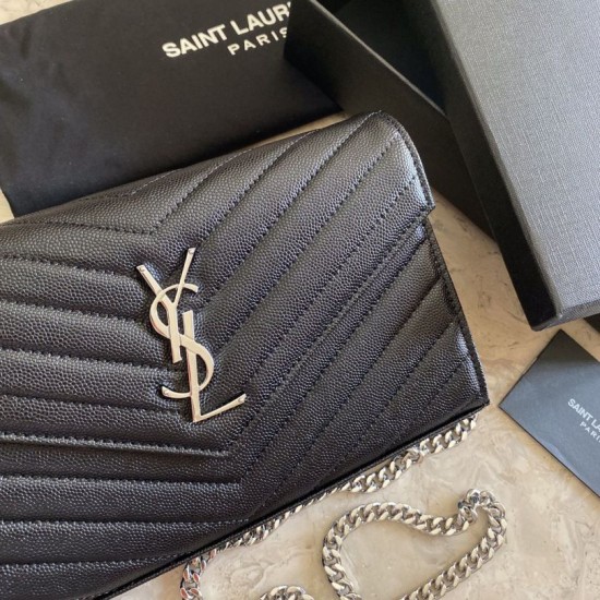 Replica YSL Saint Laurent Monogram Envelope Chain Wallet Grained Leather Black Silver Hardware