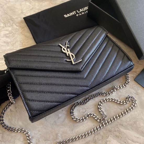 Replica YSL Saint Laurent Monogram Envelope Chain Wallet Grained Leather Black Silver Hardware