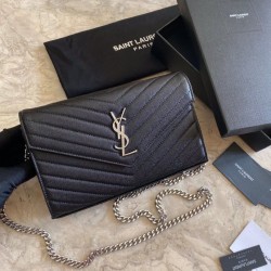 Replica YSL Saint Laurent Monogram Envelope Chain Wallet Grained Leather Black Silver Hardware