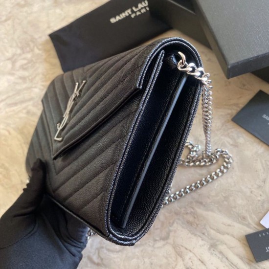 Replica YSL Saint Laurent Monogram Envelope Chain Wallet Grained Leather Black Silver Hardware