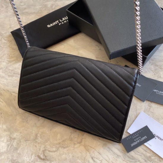 Replica YSL Saint Laurent Monogram Envelope Chain Wallet Grained Leather Black Silver Hardware